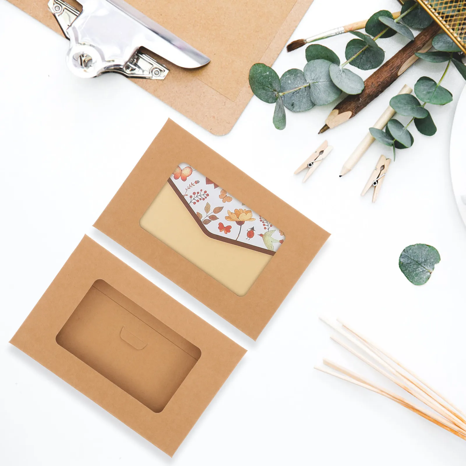 

10Pcs Postcard Boxes Kraft Paper Open Window Envelope Storage Box Paper Envelope Packing Box Mail Letter Catalog Holder