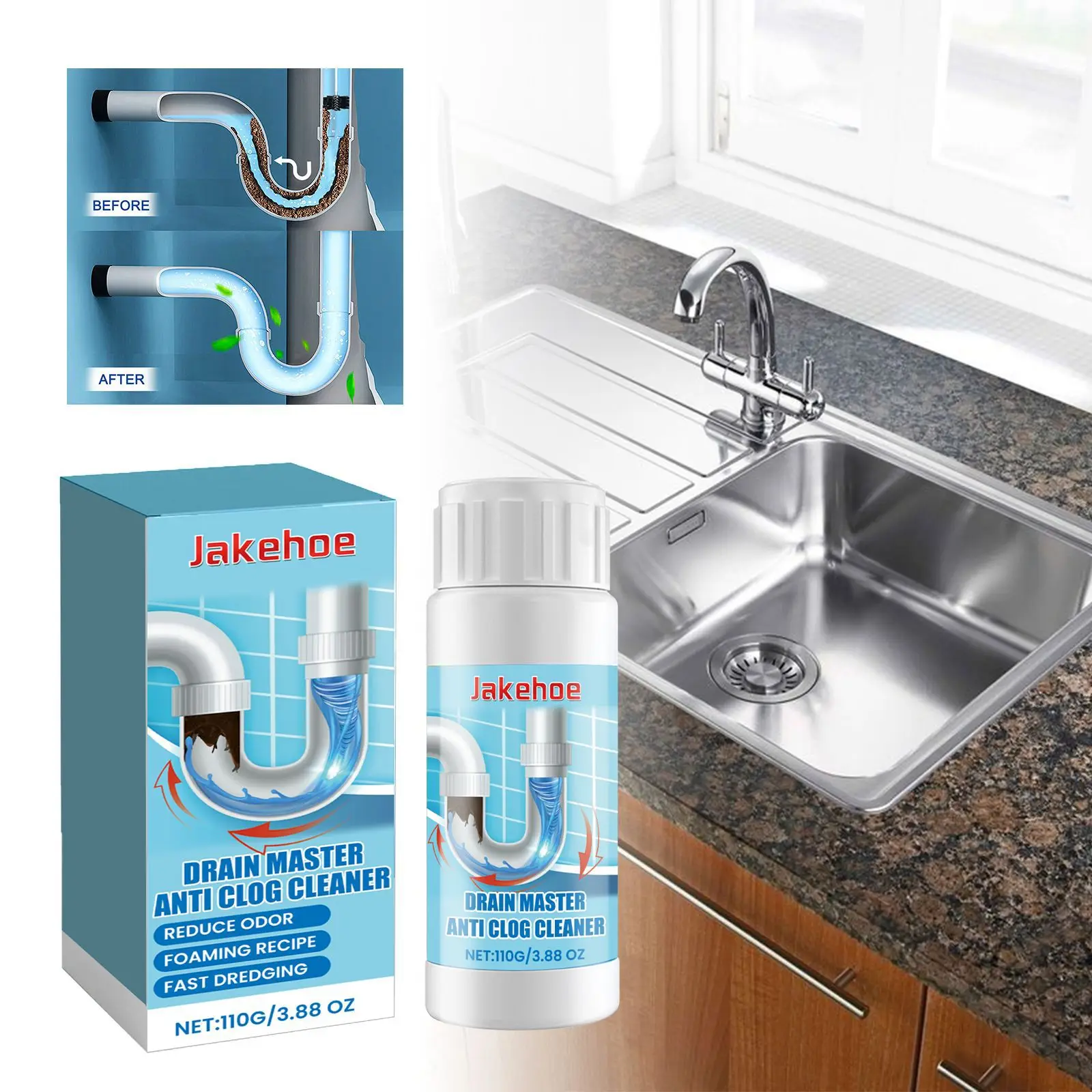 

110g Drain Cleaner Powder Unclog Sink Toilet & Shower Pipes - Dissolves Hair Grease - Safe for Most Plumbing - Fast Acting