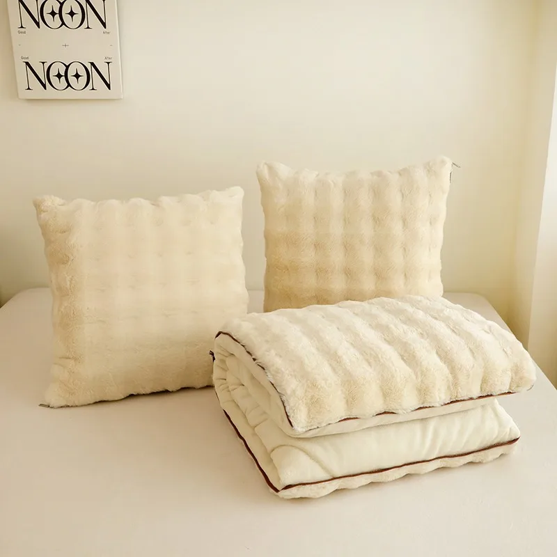 Plush 2 in 1 Pillow Blanket Multifunctional Foldable Cushion Warm for Sofa Bedroom Car Office Household Use