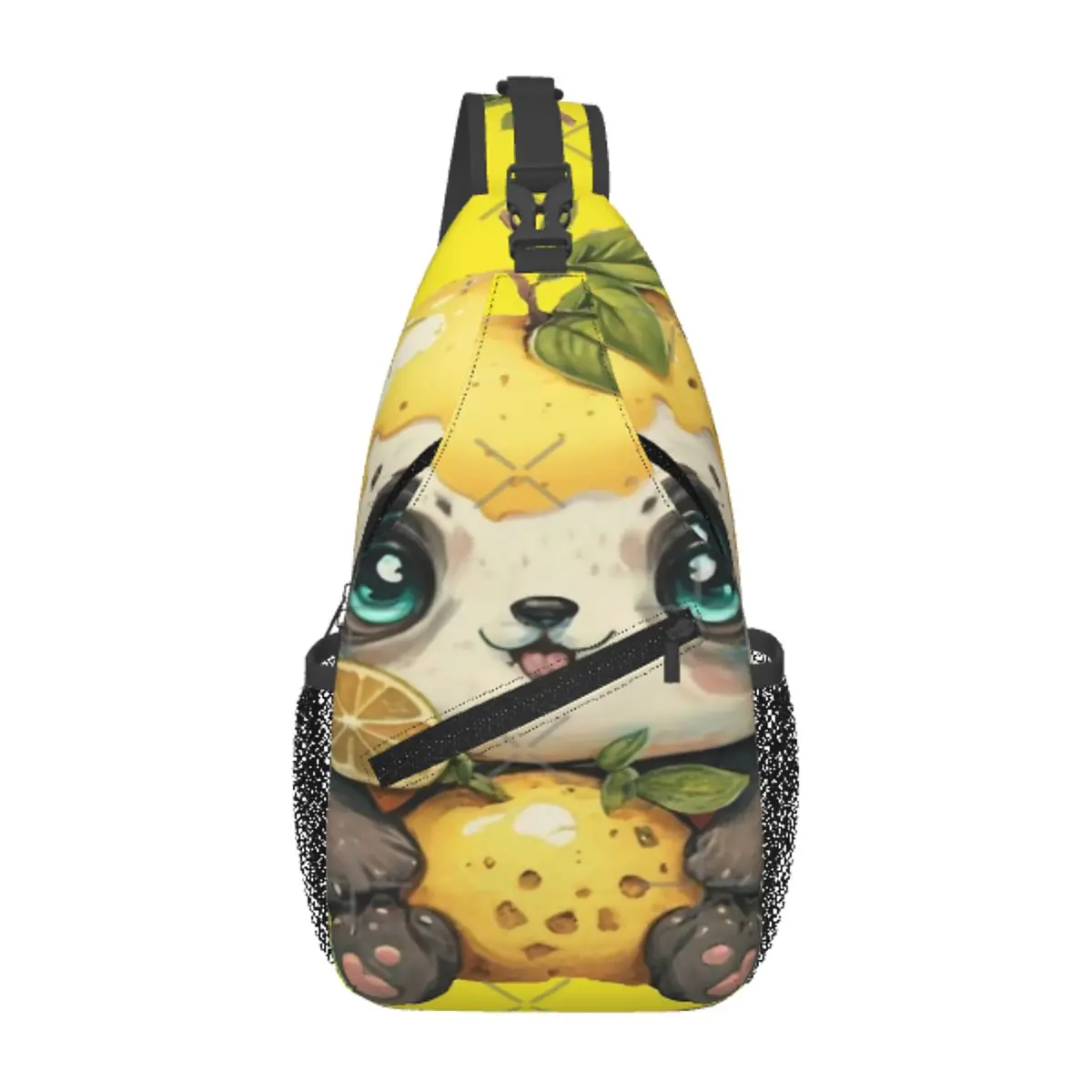 

Lemon Panda With Green Leaves Chest Bag Retro With Zipper Mesh Bag Daily Cross chest bag Customizable