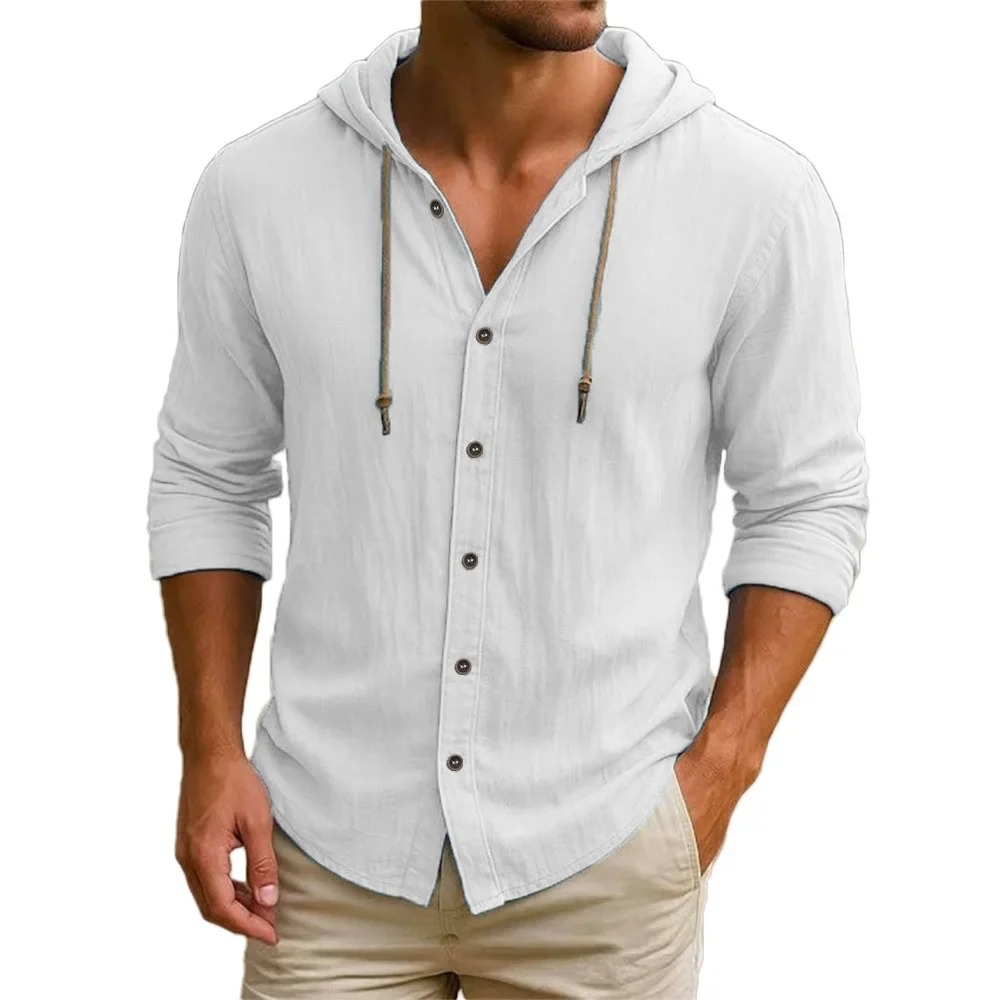 

Men's Cotton Linen Hooded Long Sleeve Shirt New Men's Casual Hooded Shirt Drawstring Lightweight Summer Beach Vacation Tops