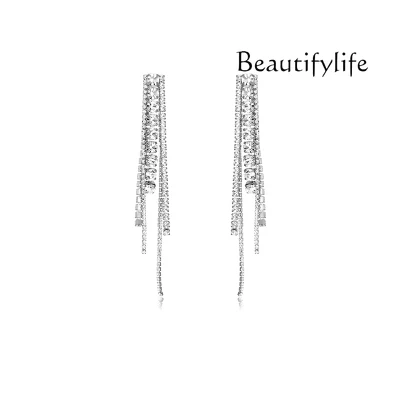 Smart super flash full diamond long fringed earrings luxury studs high-end retro temperament earrings