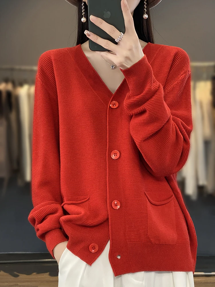 Linen Cardigan Sweater Women V-neck Long Sleeve Top Korean Style New In Outerwears Mujer Knitwear Pockets Designer Spring Clothe