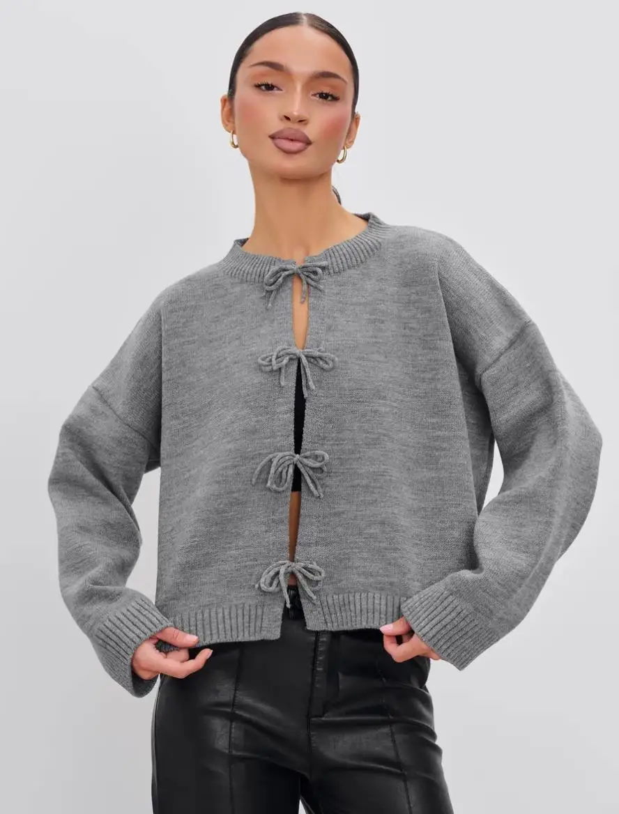 

Winter Clothes Woman Fashionable Solid Color Loose Casual Daily Commuting Style Knitted Crew Neck Long Sleeve Lace-up Cardigan