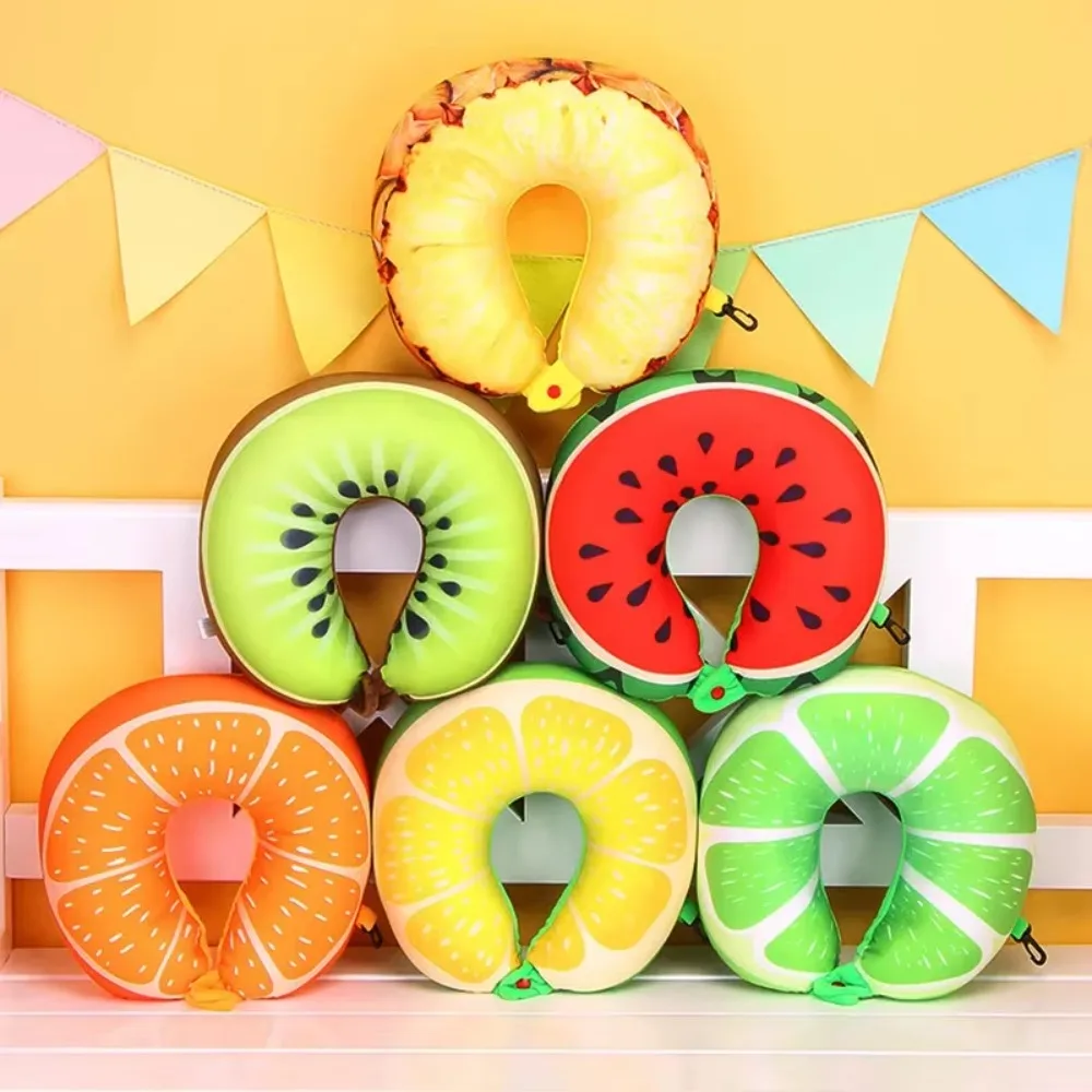 HazyBeauty U Shape Memory Foam Pillow Cute Watermelon Fruit Design Cozy Travel Neck Rest Cushion for Airplane Car 28x30cm