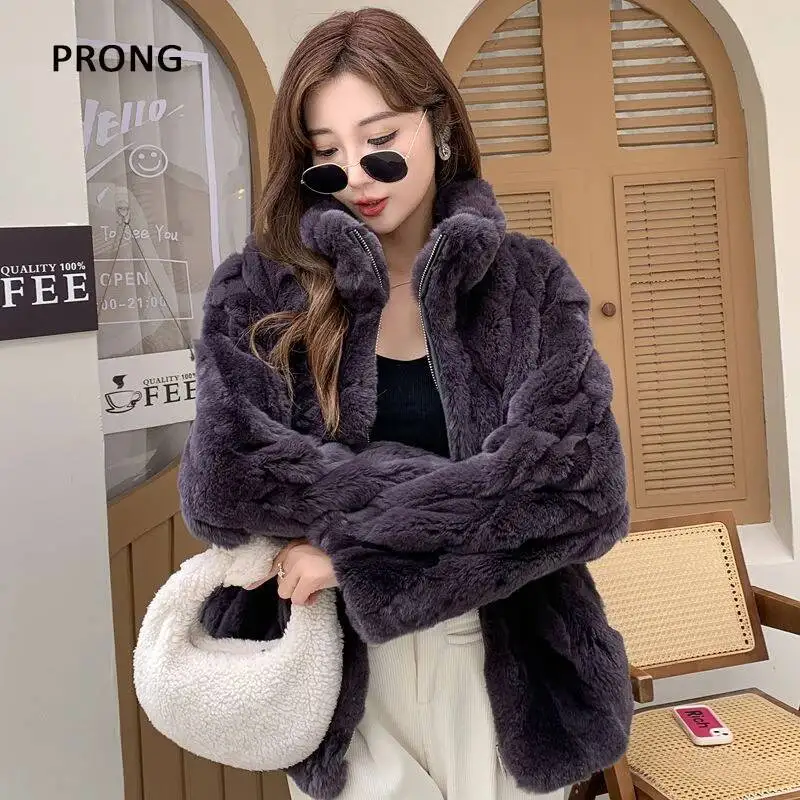 Пальто из натурального кроличьего меха, женская зимняя куртка из натурального меха, роскошные толстые теплые меховые пальто на молнии, женская верхняя одежда черного цвета