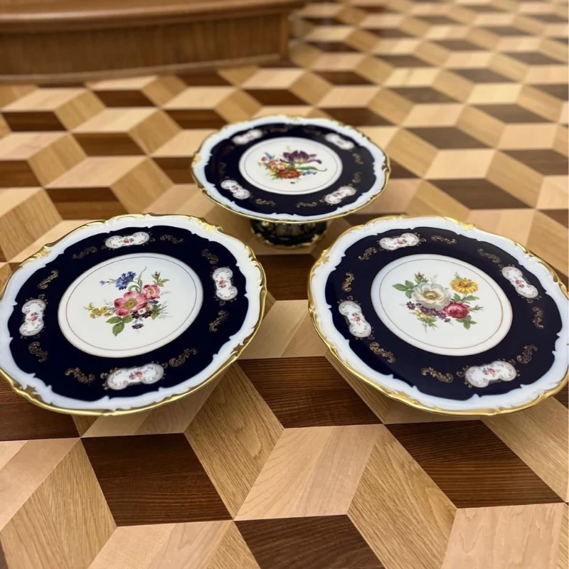 Vintage Cobalt Blue Cake Plate Handmade Flat Plate High Foot Plate
