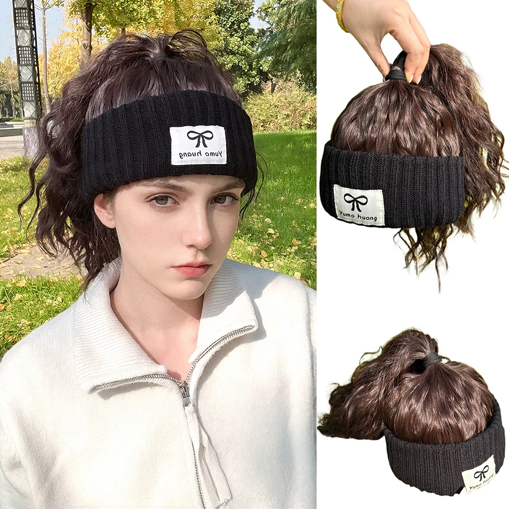 Synthetic 12inch Black Hollow Top Knit Hat Water wave Wig Extensions Ponytail Embroidered log Winter Warm Christmas