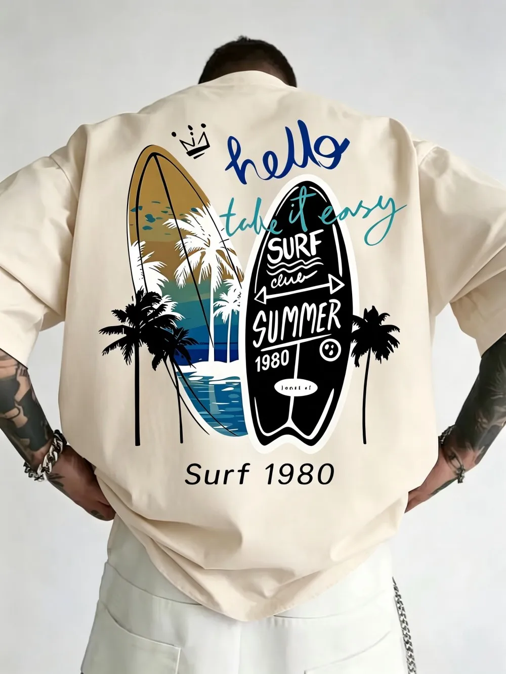 2026 European and American Men's Summer Surfboard Landscape Print Micro Elastic Breathable Round Neck T-shirt Outdoor Casual Top