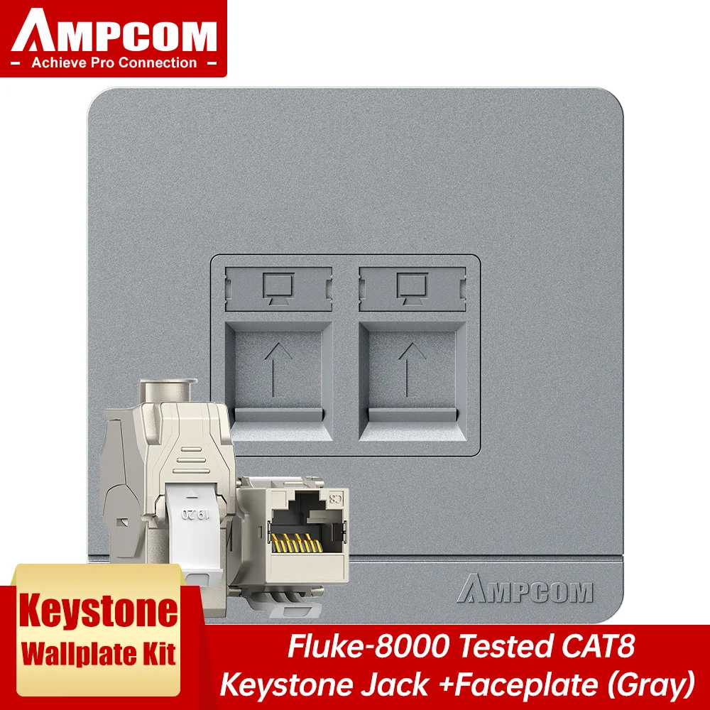 Płytka ścienna AMPCOM z gniazdem Keystone CAT8 40 Gb/s STP, modułem RJ45 samozaciskowym ze stopu cynku z płytą ścienną 86 mm