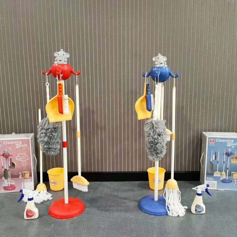 Children's Simulation Cleaning Tools Set - Cartoon Mini Housework Supplies Kit with Broom Mop Bucket, Kids Playhouse Toys