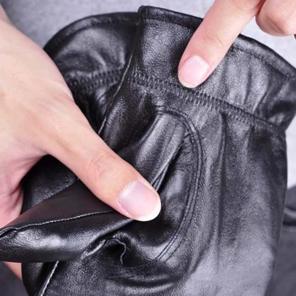 

1pair All-Match Soft PU Anti-cold Gloves Solid Color Warmer Men Finger Mittens Adjustable Waterproof Black Thickened Gloves Ski