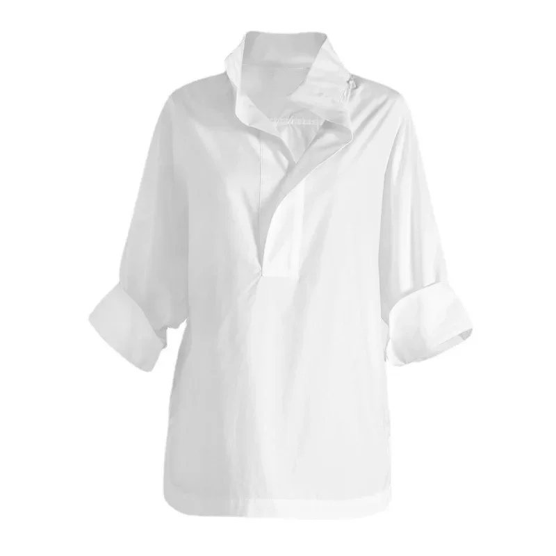 2024 أوائل الخريف نمط جديد النسخة الكورية العثة السابع كم قميص المرأة فضفاضة تناسب الوقوف طوق قميص أبيض قمة عصرية