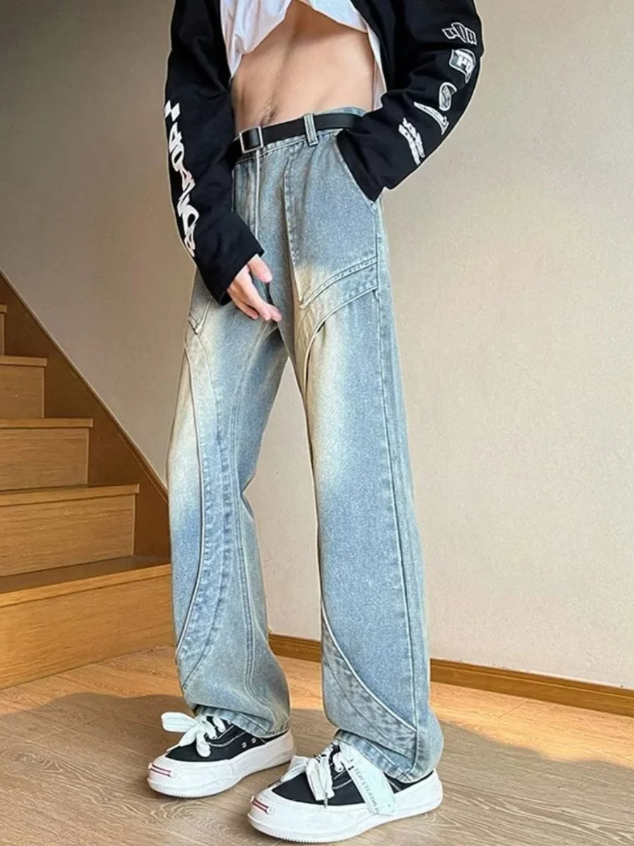 

Мужские джинсы Bla Straight Leg в американском стиле High Street Vibe, весенние повседневные свободные джинсы-буткэт для подростков