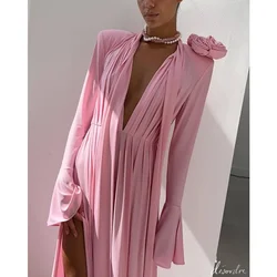 Elegant Y2K Fashion Long Flare Sleeve V Neck Floral Slit Party Evening Dress Robe Vintage Women Folds Long Dress