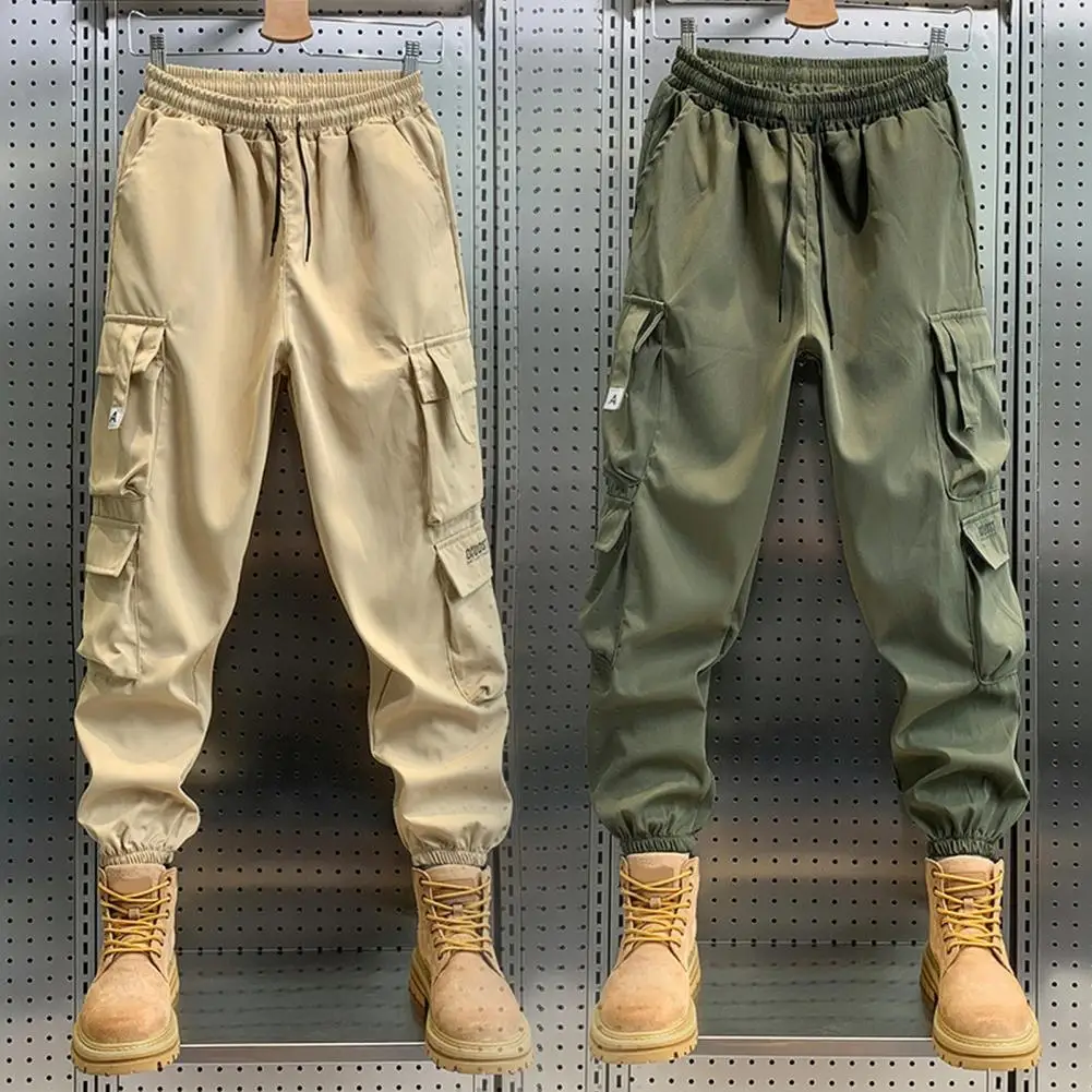 

Elastic Waistband Cargo Pants Hop Streetwear Men's Cargo Pants with Multi Pockets Elastic Waist Ankle-banded Design for Gym