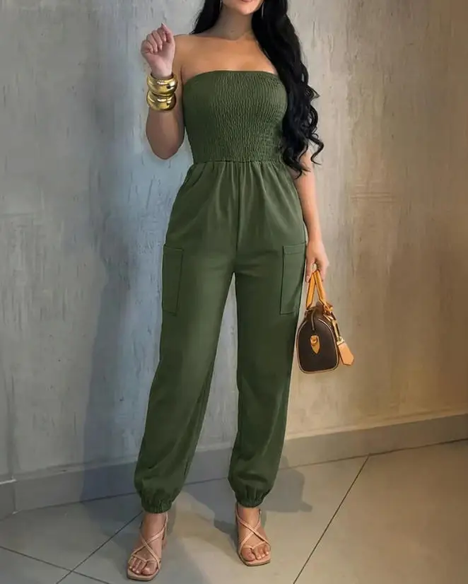 

Shirred Cinched Waist Cuffed Overalls High Waist Pockets Design Bandeau Cargo Jumpsuit