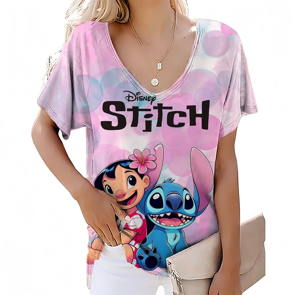 Women's T-shirt Disney Stitch pattern printed T-shirt summer V-neck short sleeved T-shirt large women's Harajuku street clothing