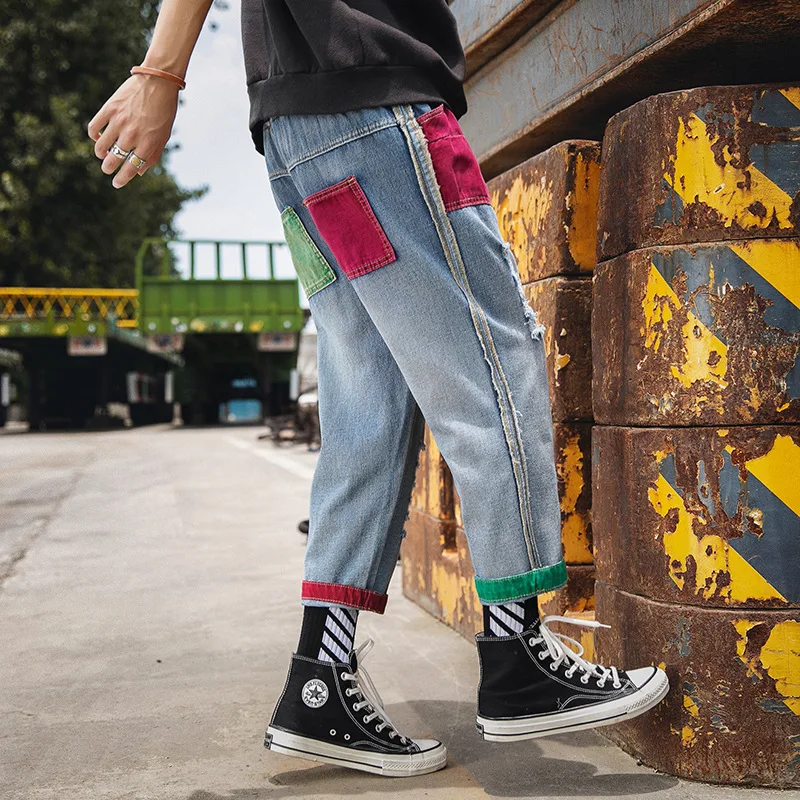 2024 Men's Spring & Autumn Cotton Denim Patchwork Jeans Running Loose Jeans for Male Oversized Street Wear Trousers Clothing R51