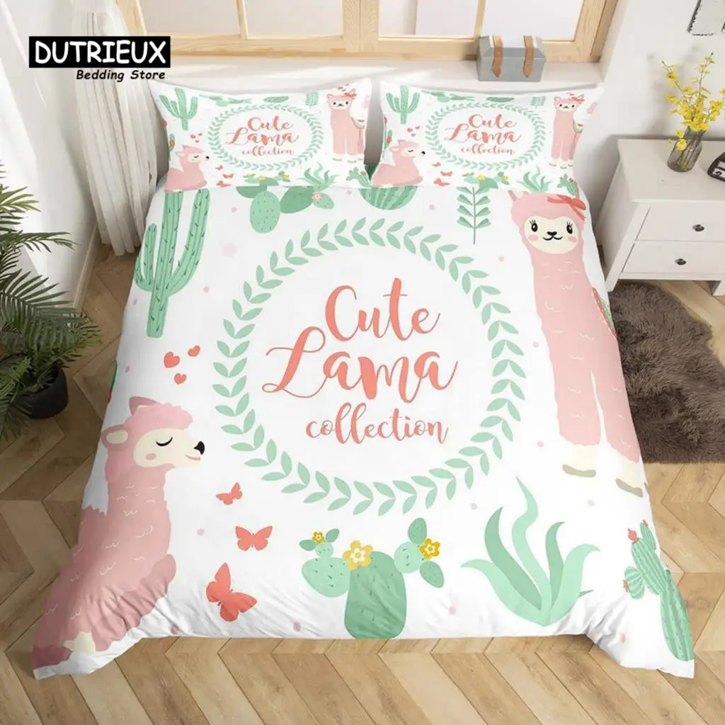 

Cartoon Llama Alpaca Duvet Cover Cactus Bedding Set Cute Animal Comforter Cover Microfiber Botanical Bedspread Cover Twin Size