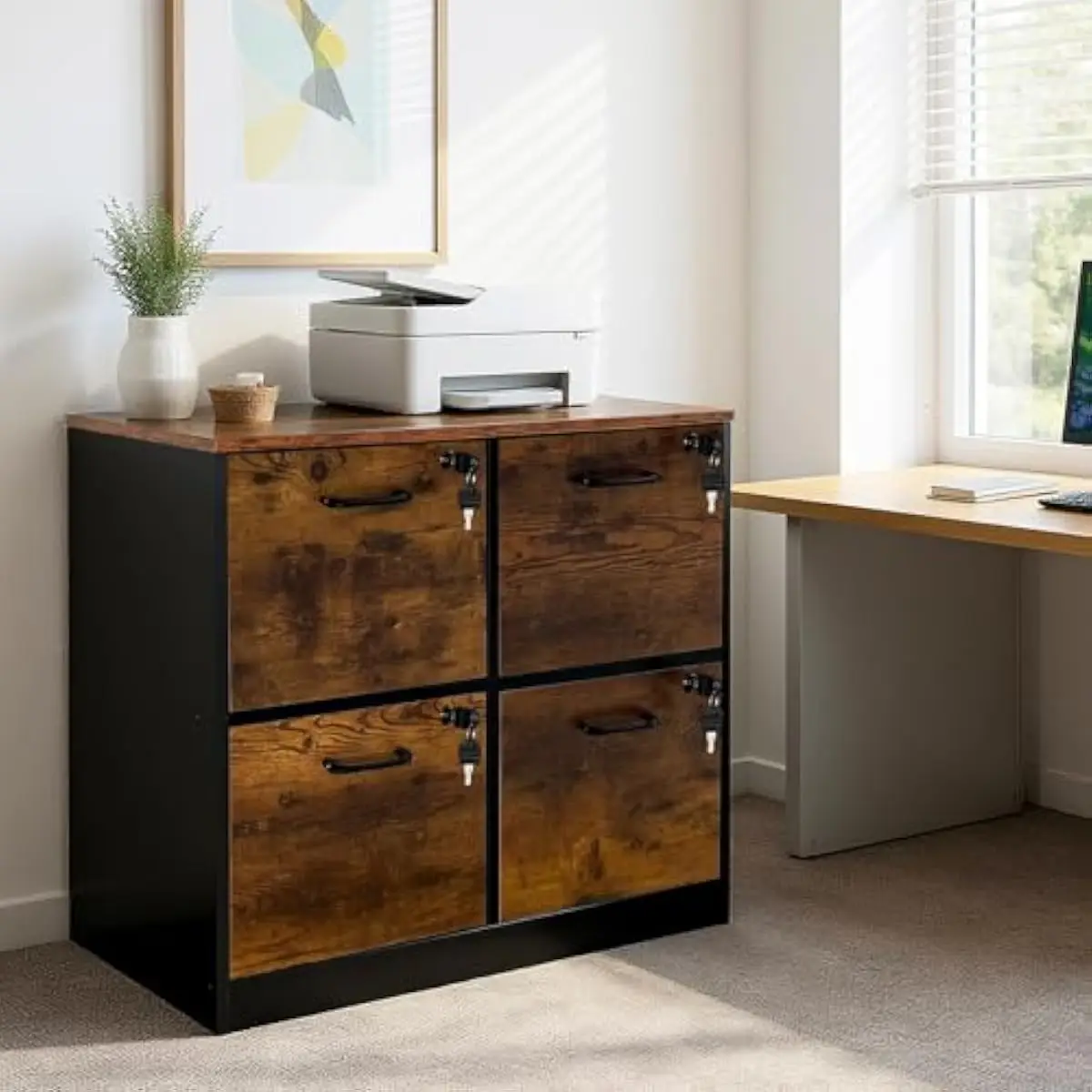 4-drawer engineered wood file cabinet with individual drawer locks top surface supports printer scanner adjustable A4 letter han