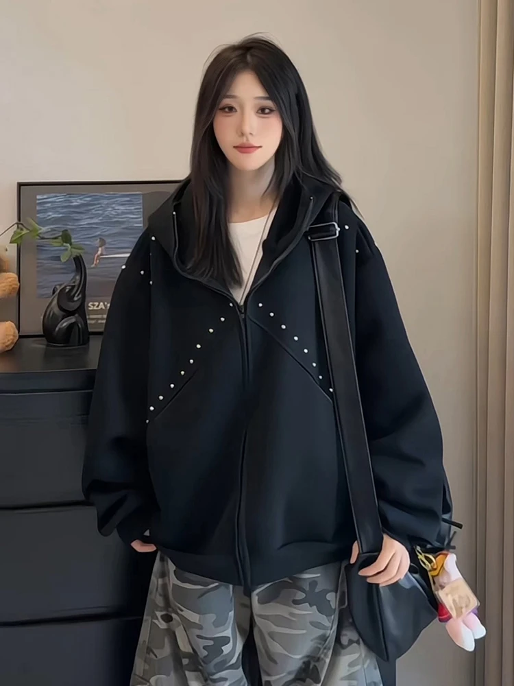 

American Sle Heavyweight Bla Open Cardigan Hoodie Men's Cool Faioned Nail Zipper Jaet Patchwork Hooded Top