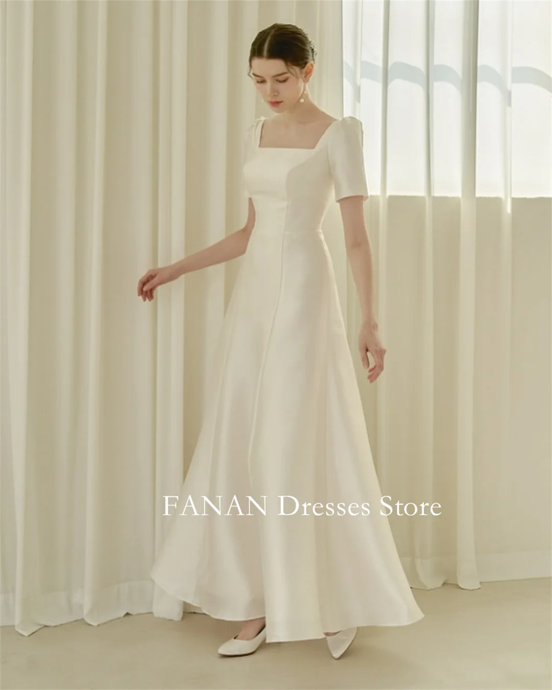 FANAN Elegant Corset Korea Ivory Satin Wedding Dresses 웨딩드레스 Square Neck Floor Length Customized Pretty Bride Gowns Plus Size