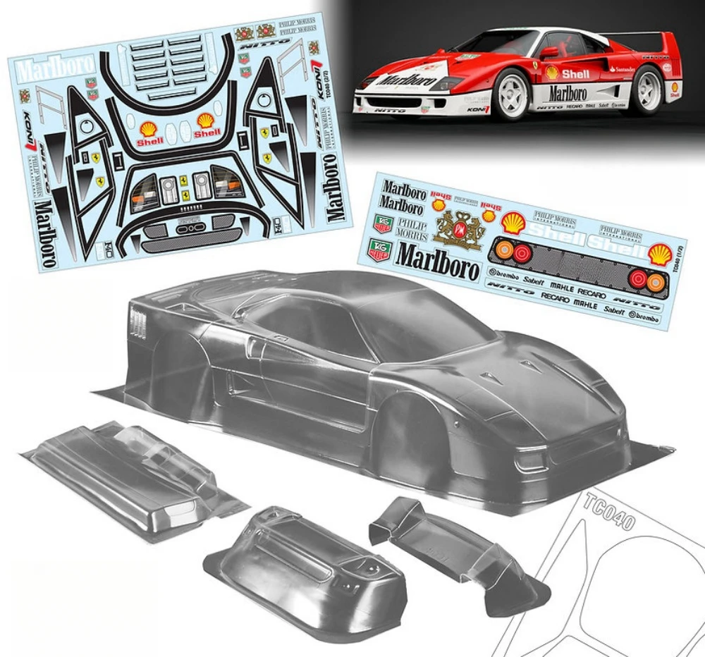 Scale 1/10 Ferari F40 Lexan body w/Rear Wing + Mirrors, Light Buckle sets fit Tamiya TT01 TT02 Kyosho fazer 257-260mm Wheelbase