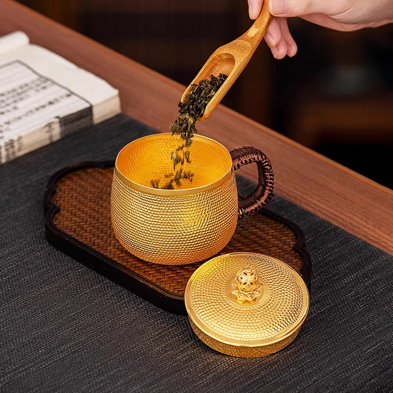 Handmade Hammer Patterned Peony Gold Plated Coffee Cup Pure Silver 99.9% Silver Tea Cup Mug for Special Occasions