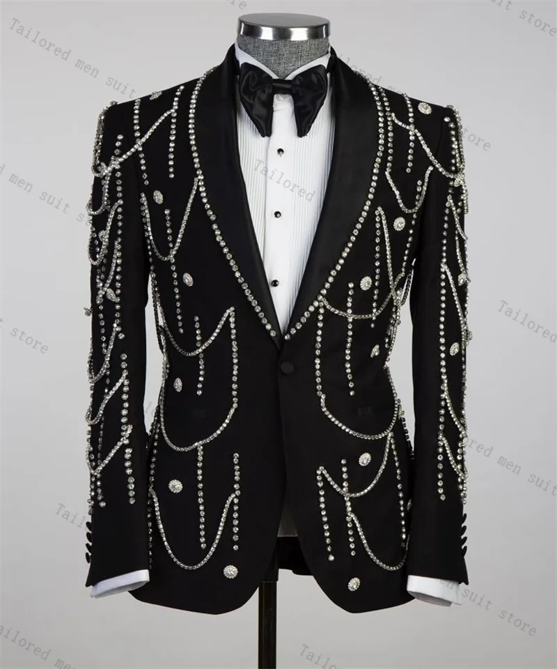 

Black Luxury Men Suits Set 2 Pieces Blazer+Pants Trousers Beaded Crystals Wedding Tuxedos Jacket Formal Office Groom Coat
