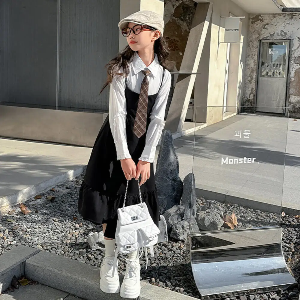 

Kawaii модная рубашка с лацканами для девочек, комплект с юбкой, студенческие весенне-осенние повседневные топы, платье принцессы, комплект из 2 предметов, детская одежда