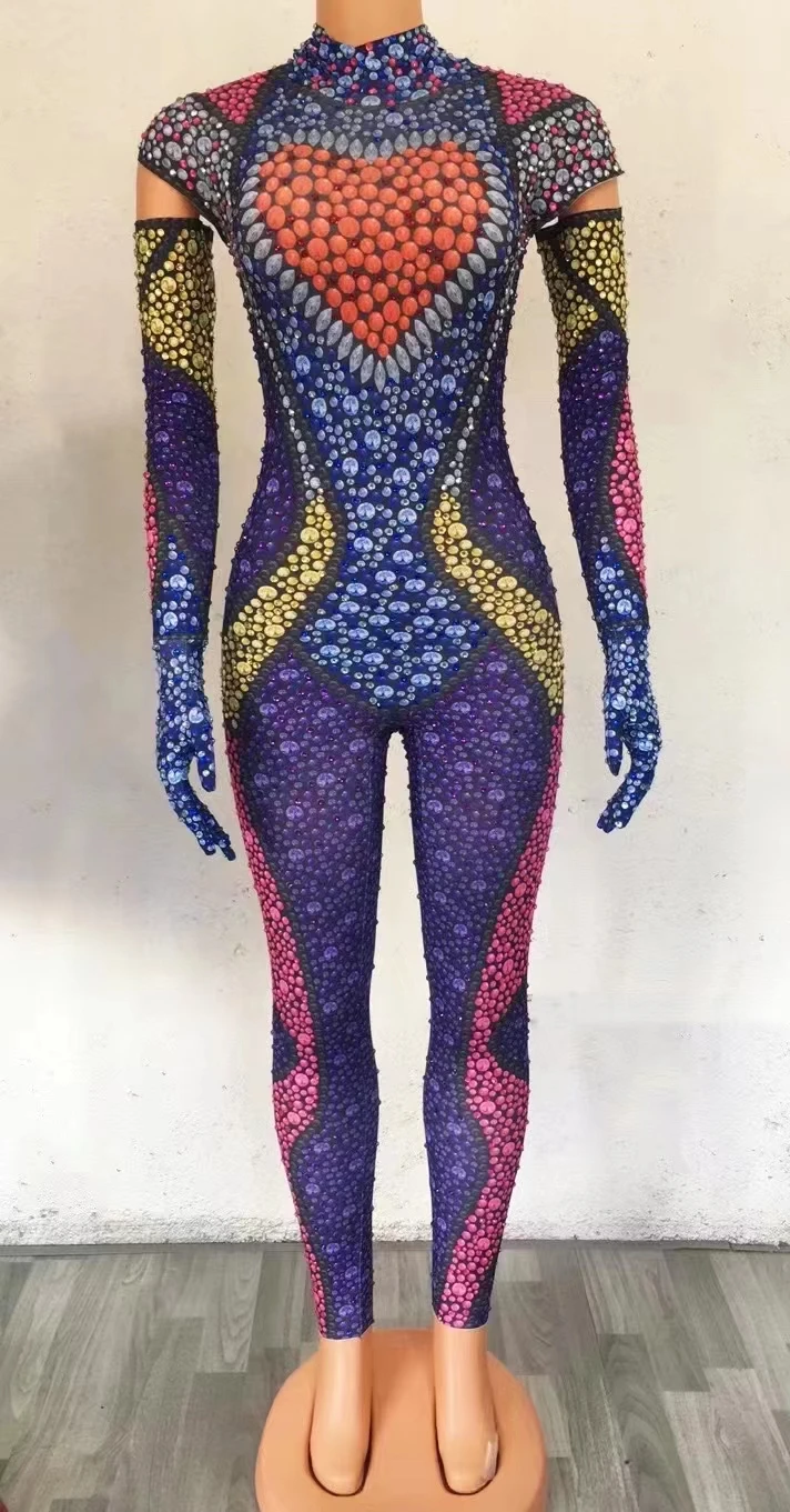 

Luxurious Full Colorful Rhinestones JumpsuitCelebrate Outfit Evening Birthday PerformanceStretch Costume Rompers A160