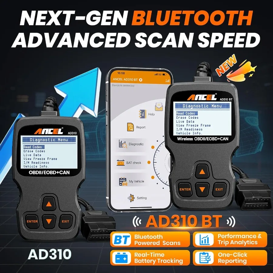 ترقية AD310BT Obd2 الماسح الضوئي بلوتوث لاختبار تشخيص السيارات في المركبات المصنعة بعد 1996 تحقق قارئ رمز المحرك