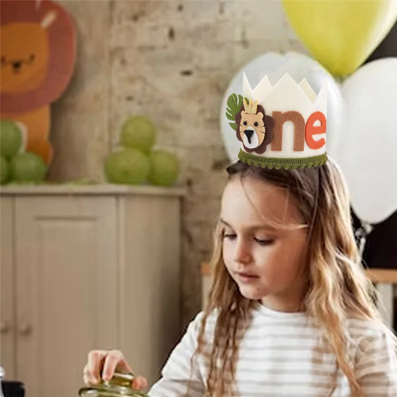 ABCL 1 anno per bambini, avocado, leone verde, corona di compleanno, prima festa per bambini, safari bianco non tessuto