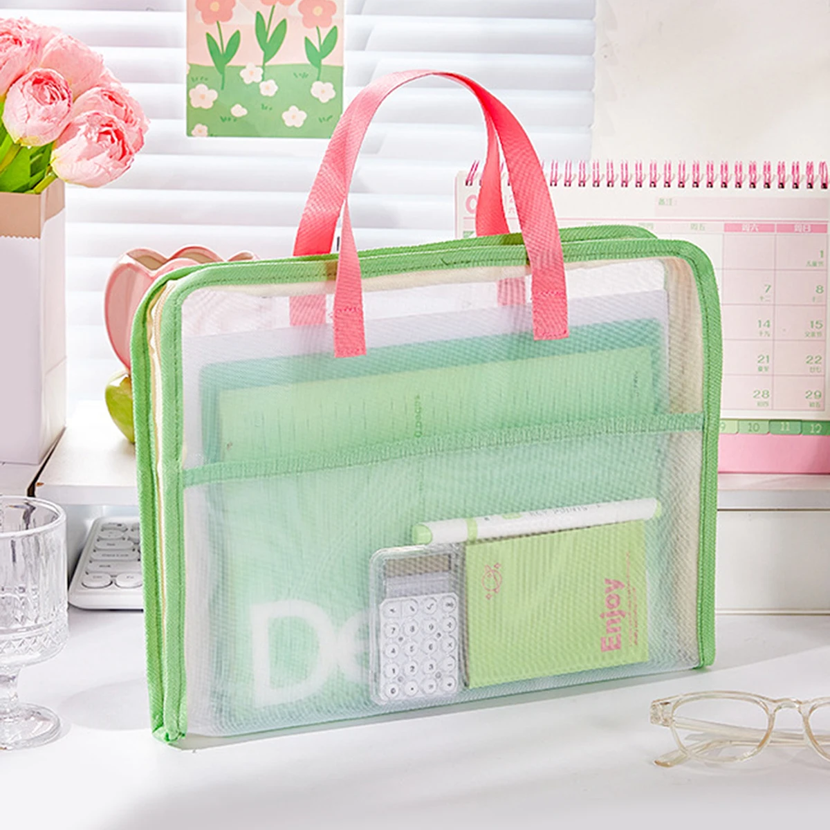 Handheld A4 Transparent Mesh Zipper Document Storage Bag Foldable Portable Tutoring Bag for Study Office Use & School Supplies