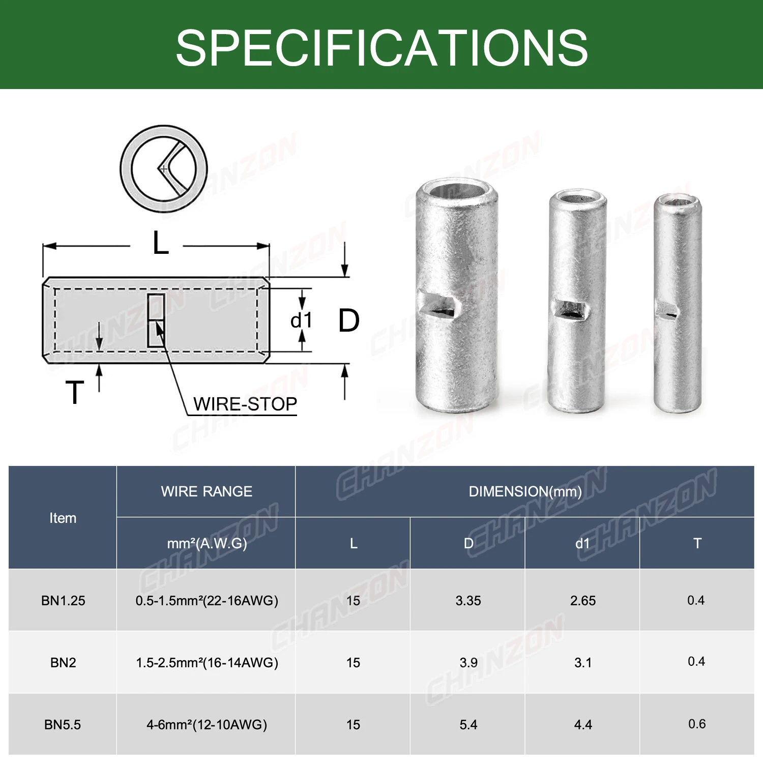 50 peças bn1.25 bn2 bn5.5 estanhado cobre vermelho não isolado kit de conector de fio de junta de crimpagem emenda terminal de manga de cabo 22-10awg