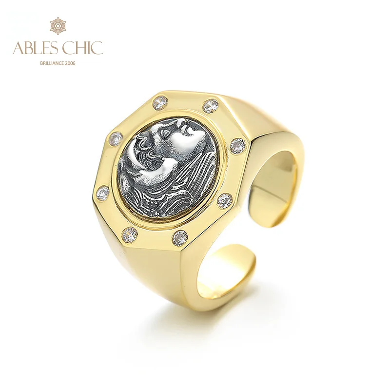 

Ables Chic Greek Hecules Silver Coin 18K Gold Two Tone Solid 925 Silver Roman Coins Open Vintage Ring R1055