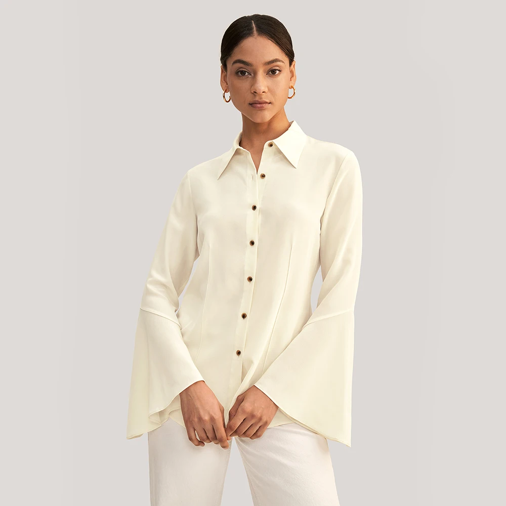 LILYSILK 100 Silk Shirt Blouse Women 18 momme Long Flare Sleeve Button Front Turn Down Collar Top Ladies Outfits Free Shipping