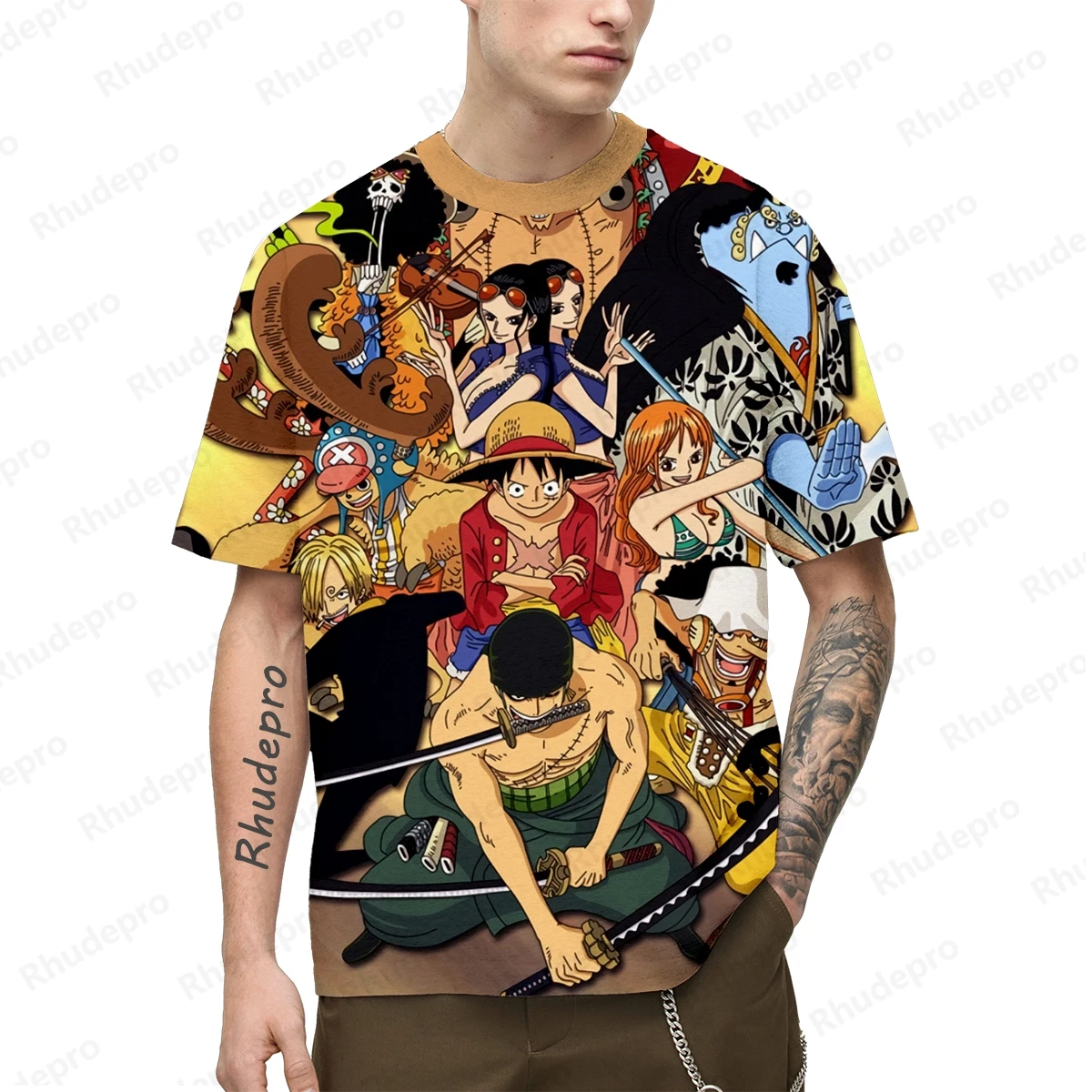 Camiseta informal de verano para hombre, de manga corta Camiseta holgada, camisa de cuello redondo con estampado 3D de Anime Luffy de una pieza