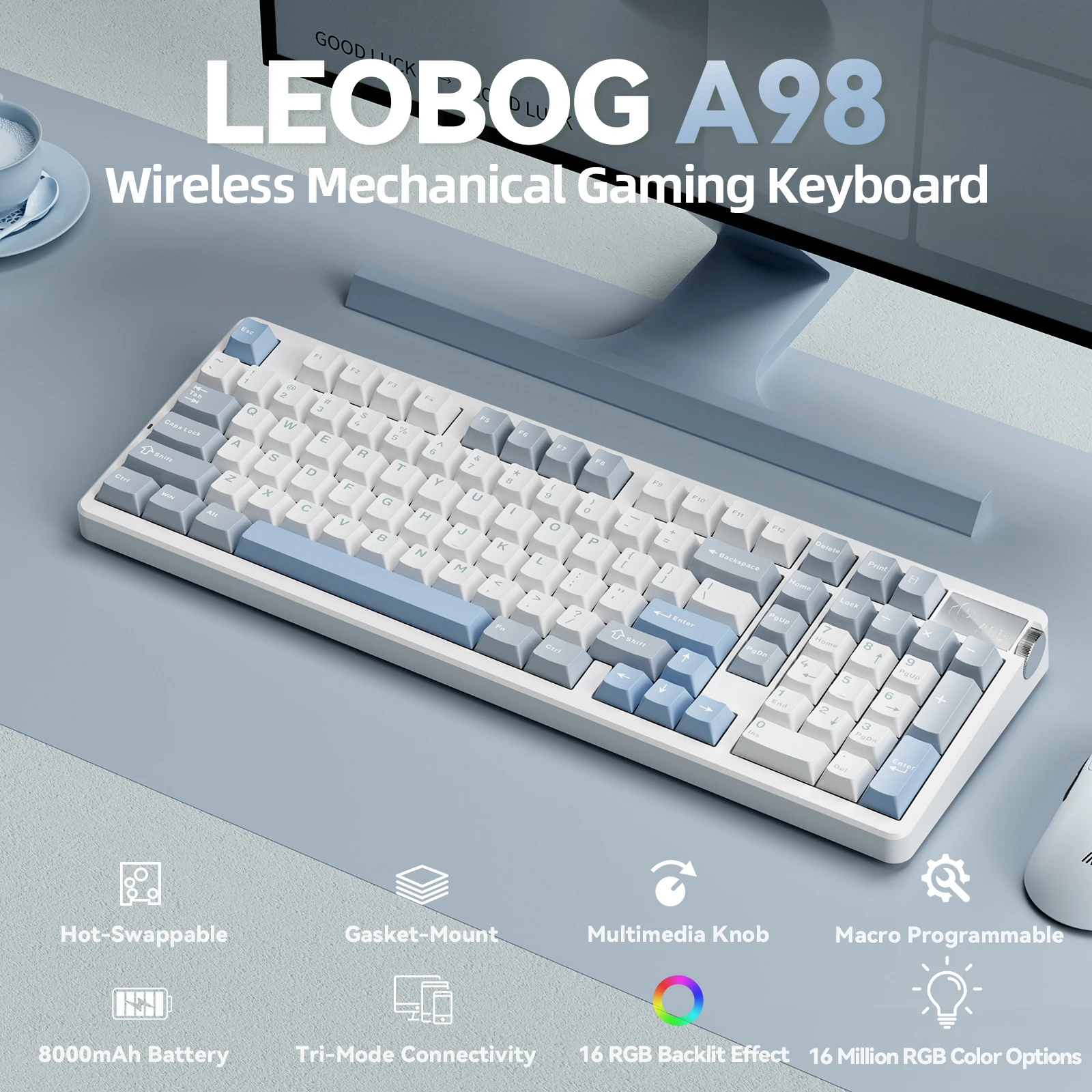

LEOBOG A98 Wireless Mechanical Keyboard Full Size 8000mAh Battery Hot-swap Custom Keyboard for Office for Gaming