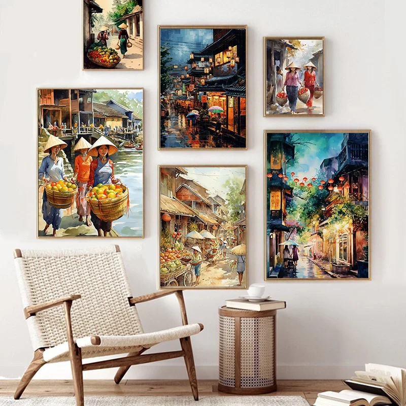 1pc frameless Canvas Painting 1pcs(No frame)Vietnamese Village Poster Asian Market Scene Canvas Painting Vintage Watercolour Wal