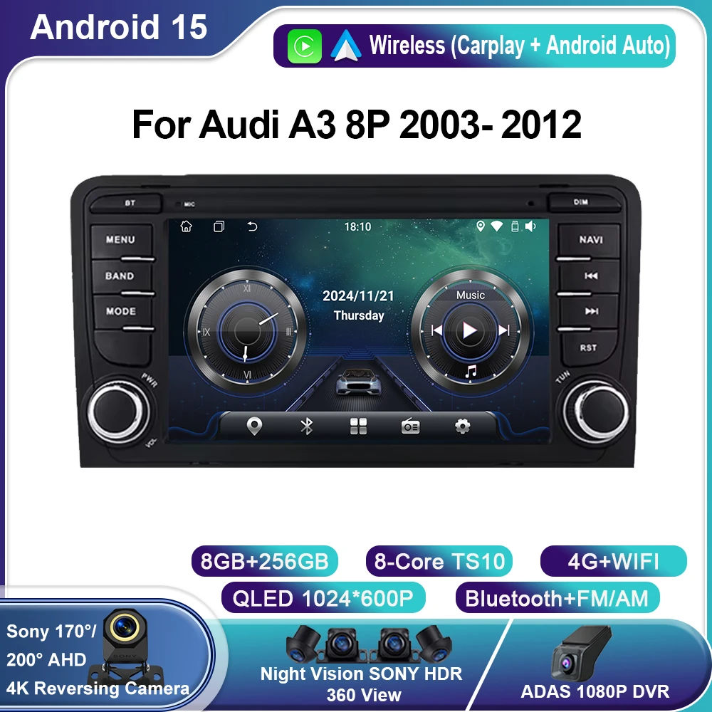

For Audi A3 8P 2003- 2012 Android 15 S3 RS3 Car Radio Intelligent System GPS Navigation Carplay Touch Screen RDS 8 Core Wifi 5G
