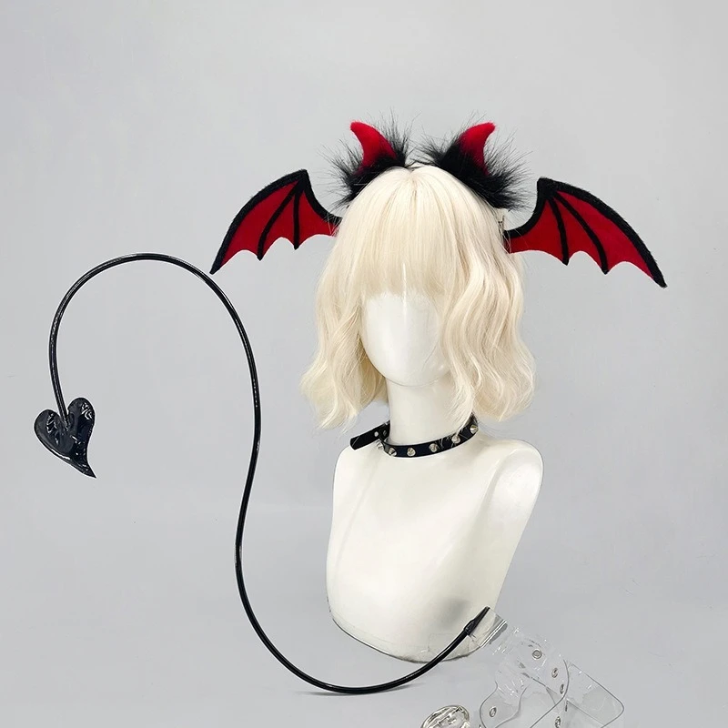 Dark Subculture Demon Vampire Ears & Tail Set Gothic Little Devil Headband with Heart Tail for Anime Convention Cosplay
