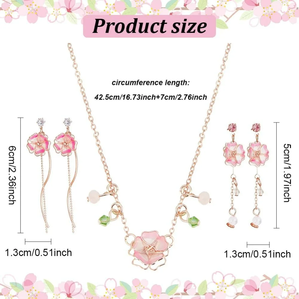 3PCS Dainty Gold Flower Jewelry Set for Women Pink Aesthetic Jewelry Flower Necklace Earring Set Cherry Blossom Necklace Kawaii