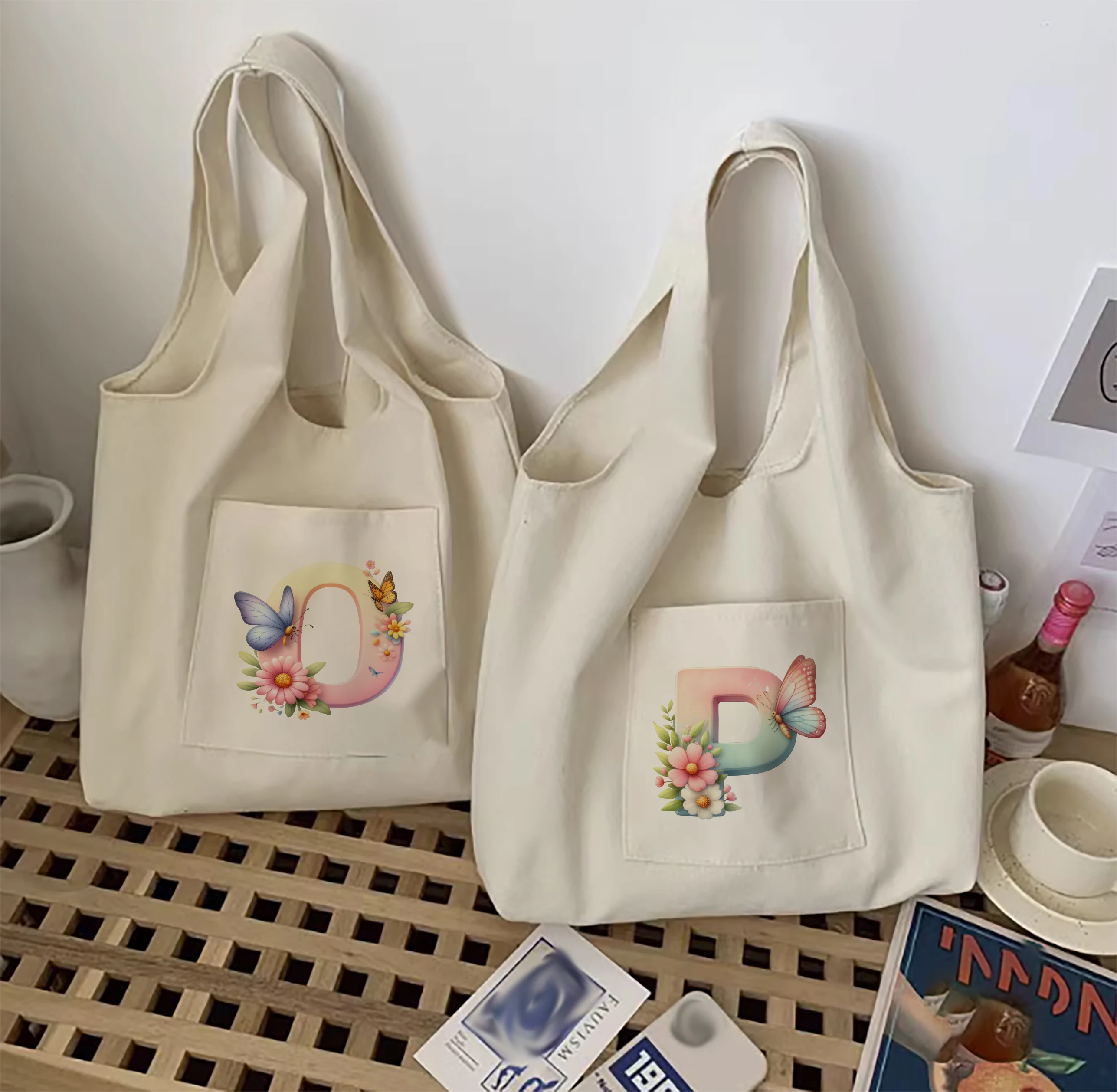 A-Z butterfly letter word women's vest canvas bag portable shoulder bag folding environmentally friendly handbag storage bag