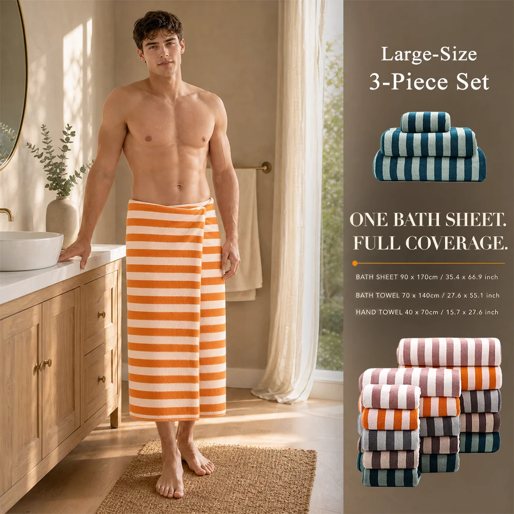 Oversized Striped Bath Towel Set 3 Pieces Large Soft Quick Dry Bath Sheets Lightweight Stripe Towels for Bathroom Beach Pool