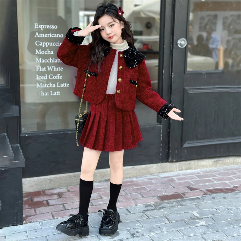 winter ensemble fille red teen girls clothes clothes set Shiny collar jacket+Pleated skirt 2pcs junior kid suit child outfits 14