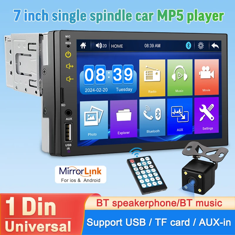 

7 Inch Car Radio 1 Din Universal Multimedia Video MP5 Player HD Touch Screen FM AUX-input Bluetooth MirrorLink With Camera