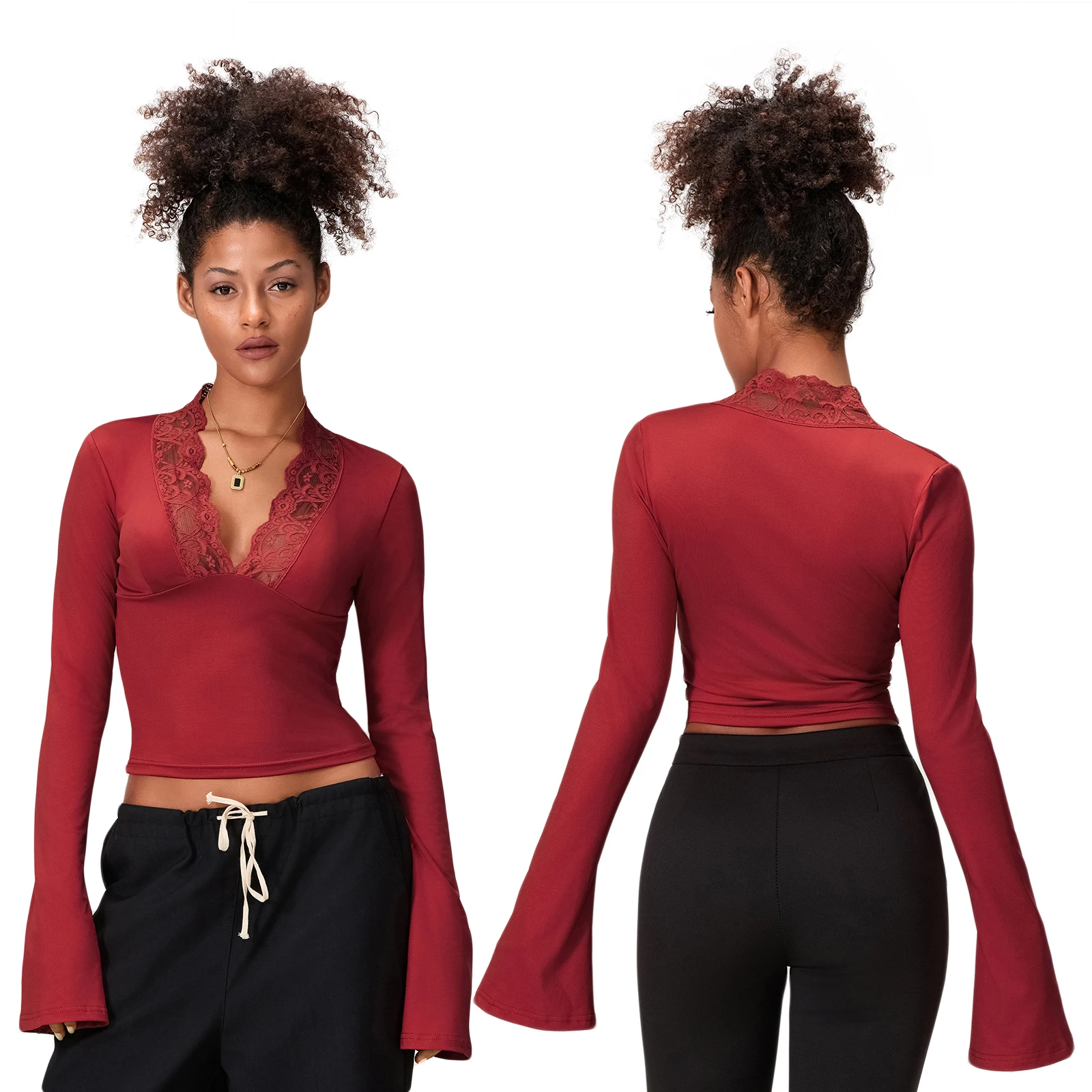Combhasaki Women's Y2K Vintage Lace Trim Deep V Neck Slim Fit Crop