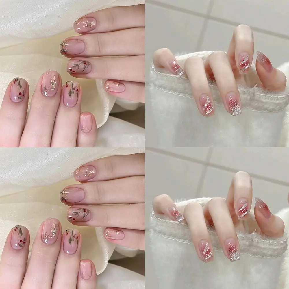 Fashion Long Ballerina False Nails Red Leaf Pink Glitter Nail Tips Detachable Full Cover Fake Nails DIY